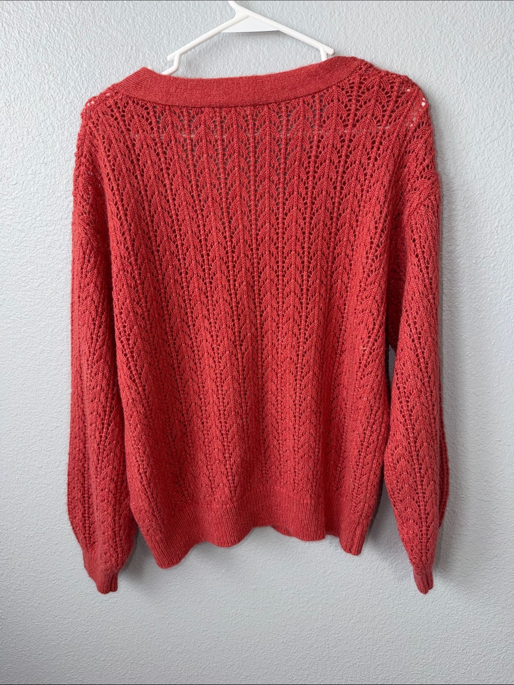 Marine Lauer Coral Red Open Knit V-Neck Sweater with Button Detail - Picture 10 of 11